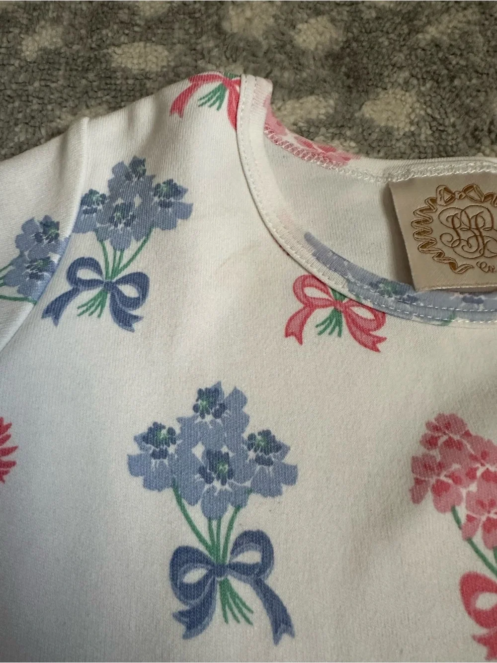 The Beaufort Bonnet Company White Dress with Pink and Blue Floral Bows